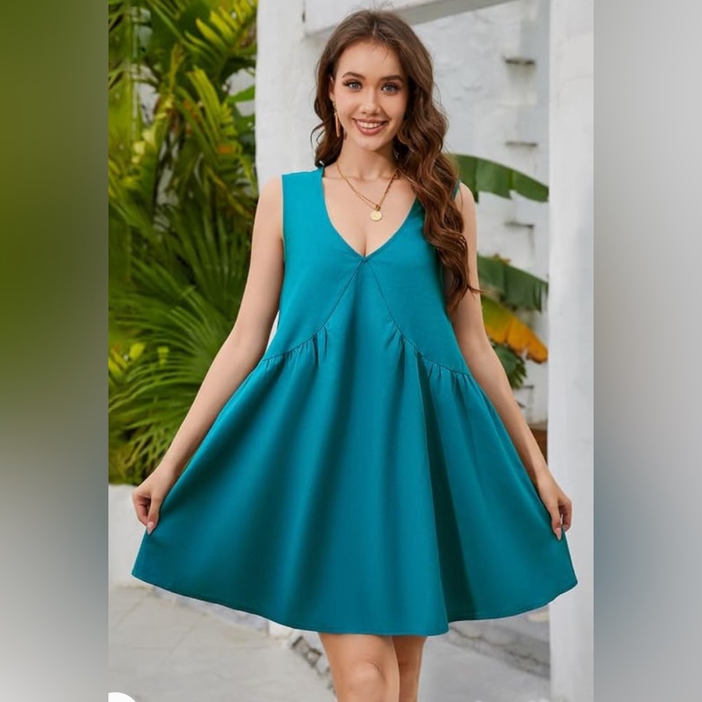 Mini Casual Dress Sleeveless V Neck Solid Color Loose Babydoll with Pockets